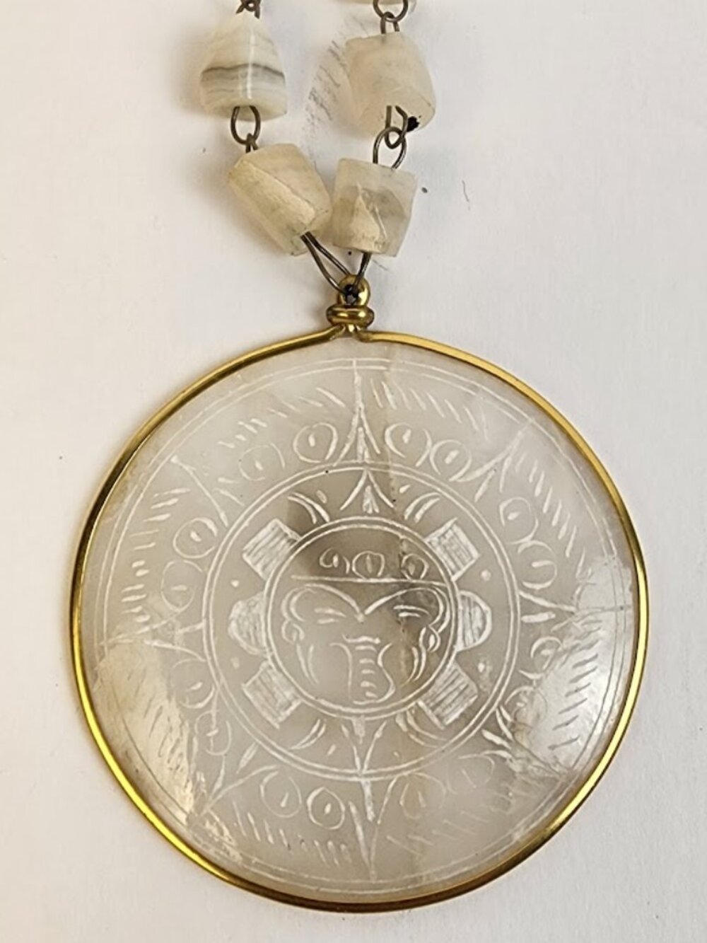 Aztec Sun Pendant Necklace Alabaster Beads Hand Carved Agate Hand Made Tribal